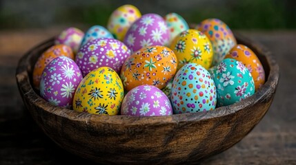 Fototapeta premium Colorful Easter Eggs in a Rustic Wooden Bowl