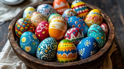 Fototapeta premium Vibrant Collection of Hand-Painted Easter Eggs in Rustic Bowl