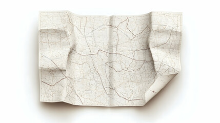 Crumpled paper map with roads and streets, isolated on white background.