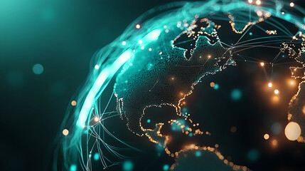 digital representation of interconnected AI systems around globe, showcasing vibrant networks and data flow. image highlights North America with glowing lines and dots