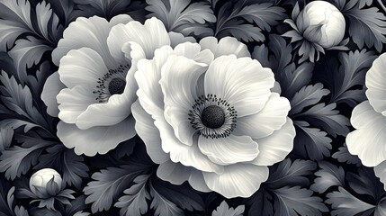 Monochrome Floral Illustration Anemone Flowers