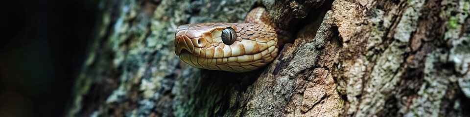 Fototapeta premium A snake climbing up a tree trunk, its muscular body gripping the bark tightly.
