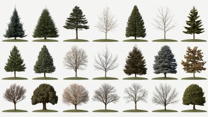 Collage of ten isolated winter trees on white background