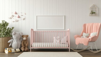 Obraz premium Pink Crib Nursery Decorated With Toys And Rocking Chair