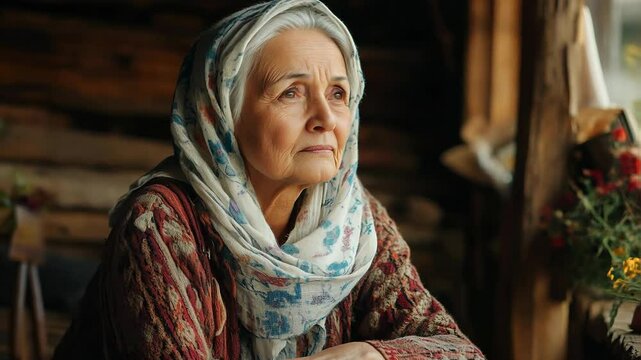 Elderly Woman in Headscarf Sitting Thoughtfully by Window