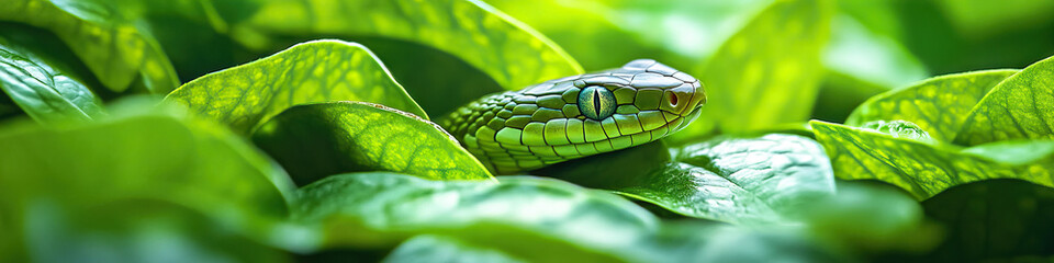 A snake resting in lush green foliage, its skin perfectly matching the surroundings.