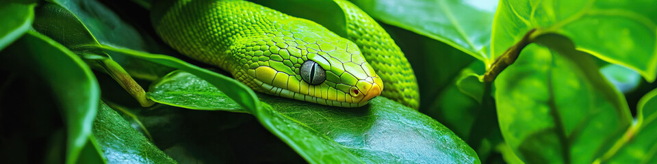 Fototapeta premium A snake resting in lush green foliage, its skin perfectly matching the surroundings.