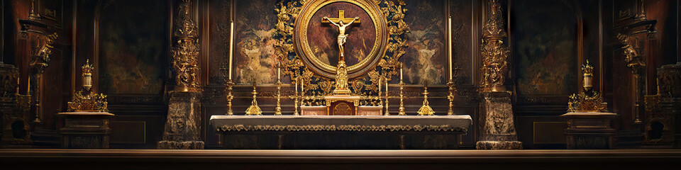 Sacred Sanctuary: A serene space adorned with intricate religious symbols and an ornate candelabra.