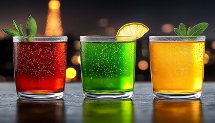 Three colorful sparkling drinks are displayed against a blurred city skyline backdrop