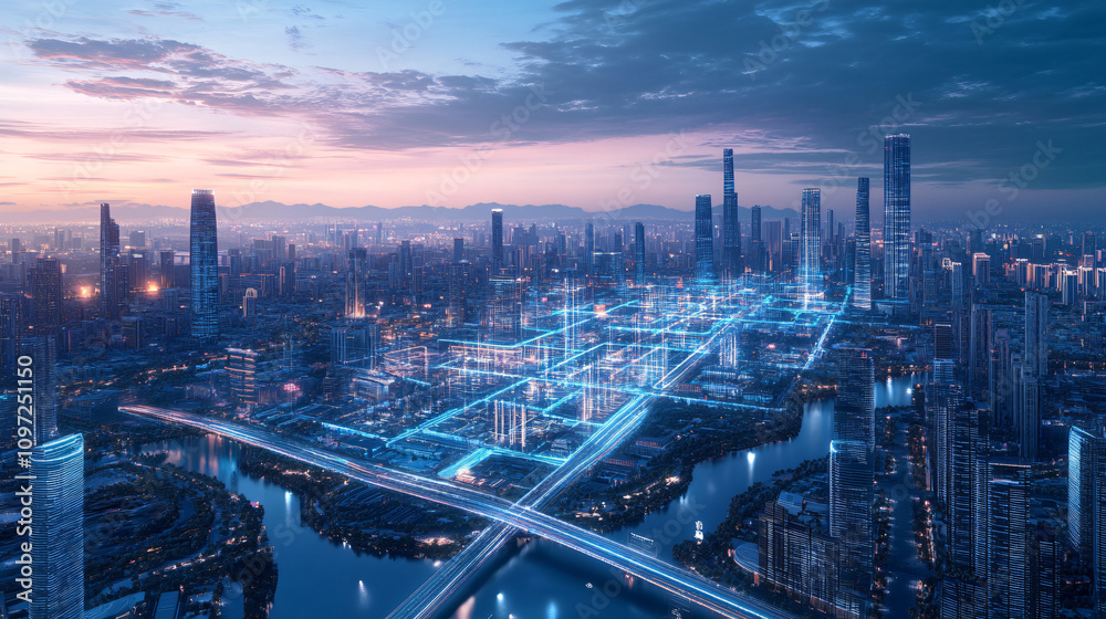 Poster futuristic network linking buildings and roads in a smart city at dusk, representing interconnectedn