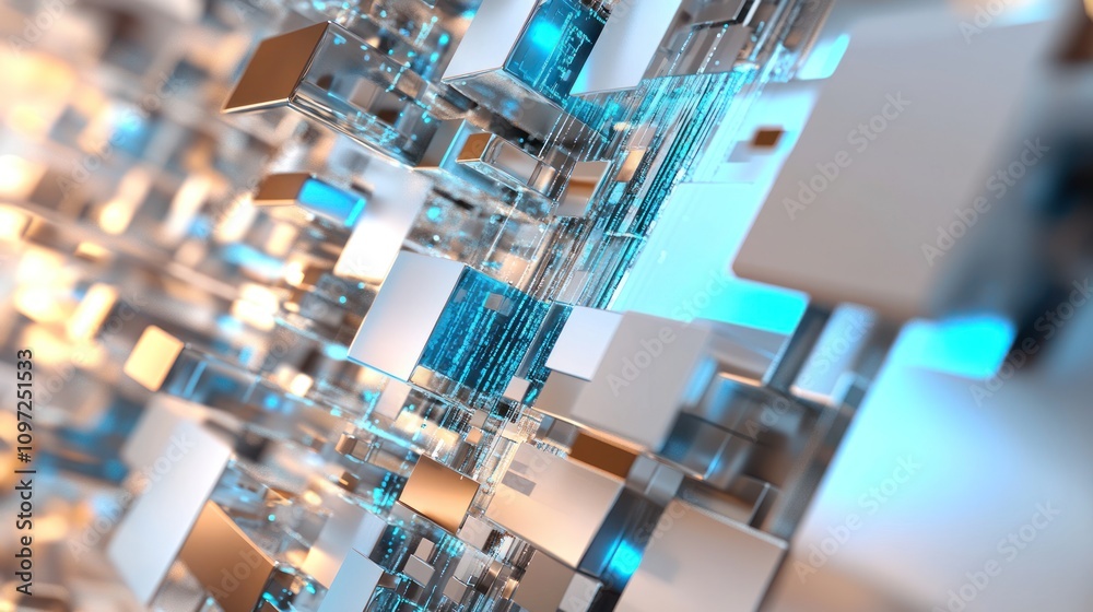 Poster Abstract 3D rendering of a futuristic metallic and glass structure with glowing blue lines.