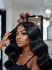 Fototapeta premium African American Model with Body Wave Hair Extensions in a Salon