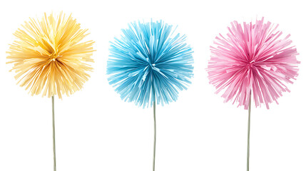 Obraz premium Colorful paper pom poms in yellow, blue, and pink on sticks create festive atmosphere. Perfect for celebrations and decorations, these vibrant decorations add joy to any event