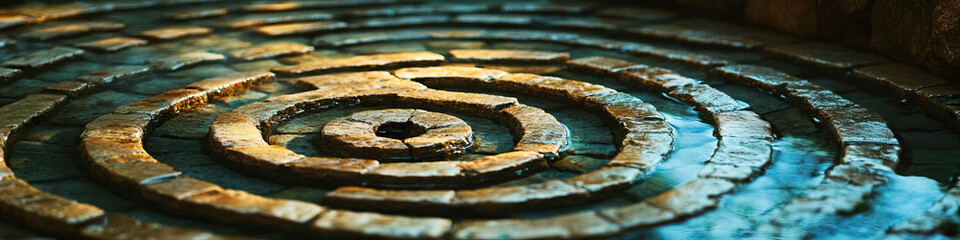 A spiraling labyrinth, etched into the stone floor, leading to a reflective pool.