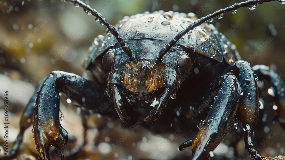 Poster close-up of a wet darkling beetle perched on a branch, highlighting its intricate details and gliste