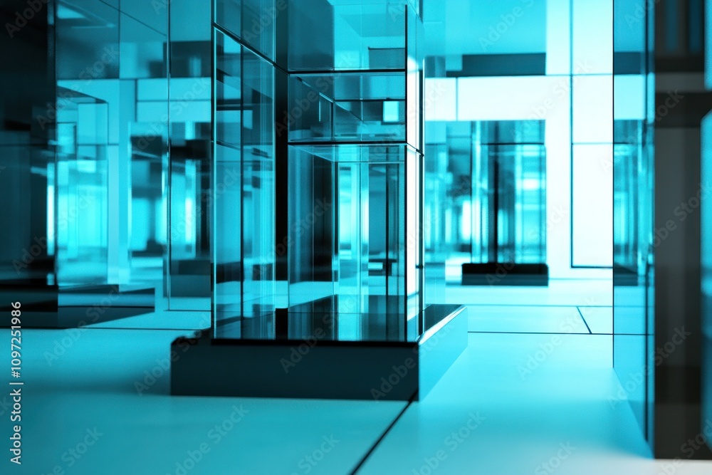 Poster Abstract blue mirrored room with reflections and futuristic architecture.
