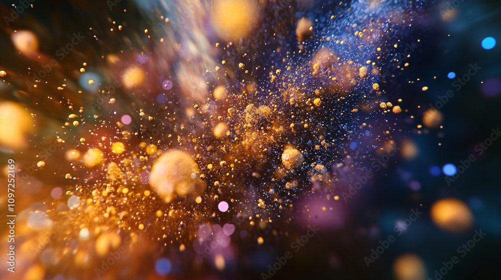 Poster Vibrant and dynamic golden particles exploding to create a colorful abstract background, ideal for adding energy to any project