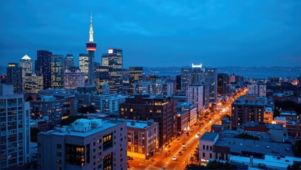 Obraz premium Generative AI, Dynamic Urban Skyline at Dusk