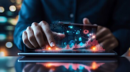 A personal brand advisor crafting a digital branding strategy for a client, displaying social media growth analytics on a tablet