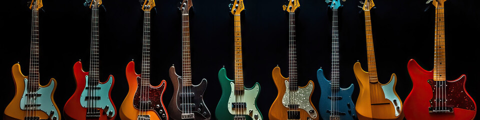 Fototapeta premium Rock: A row of simple electric guitars, bass, and drums on a dimly lit stage
