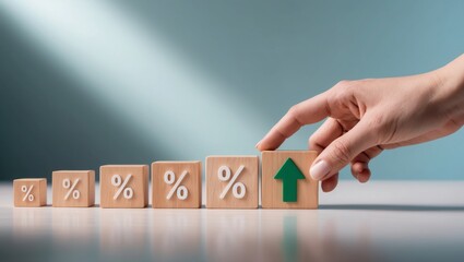 Hand adjusting wooden block with arrows and percentage symbol representing financial fluctuation or interest rates