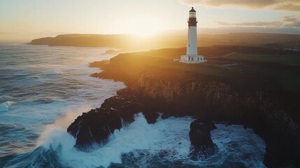 Fototapeta premium Lighthouse Stands Tall Against Sunset Ocean Waves