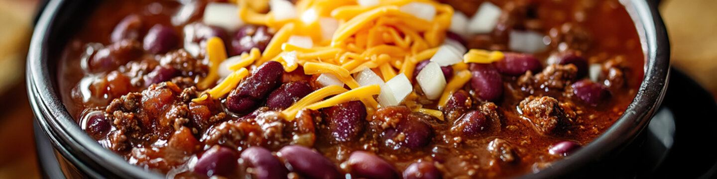 Chili Con Carne: A bubbling pot of spicy beef chili, studded with kidney beans, diced onions, and a generous sprinkle of cheddar cheese.