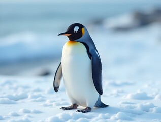 A penguin standing on a snowy ground with a blurred background of snow covered hills and mountains.