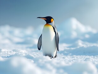 Obraz premium A penguin standing on a snowy ground with a blurred background of snow covered hills and mountains.
