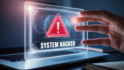 Closeup of hand interacting with holographic warning display showing system hacked alert
