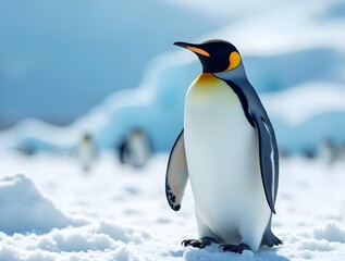 Obraz premium A penguin standing on a snowy ground with a blurred background of snow covered hills and mountains.