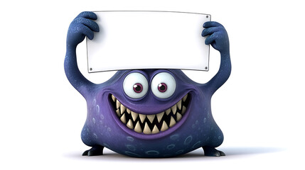 cartoon alien character with big smile holds blank sign, showcasing its playful and friendly demeanor. This whimsical creature is perfect for creative projects