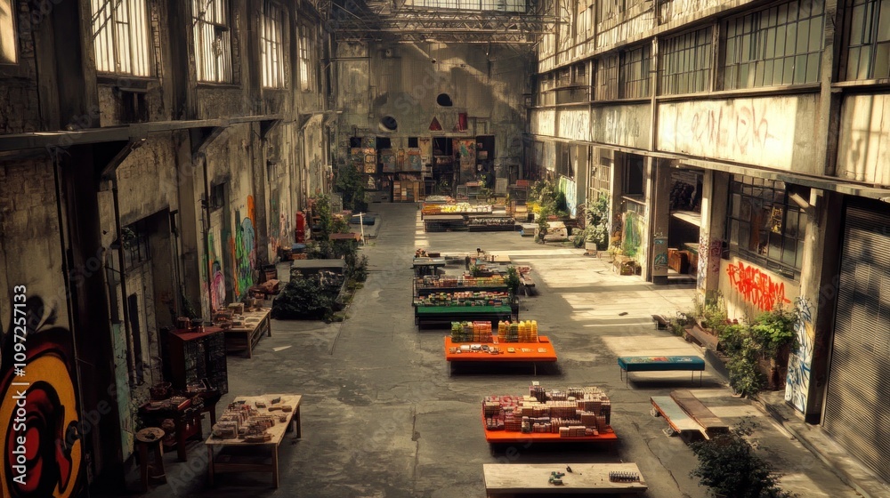 Poster abandoned industrial building with graffiti and tables, sunlight streaming through large windows.