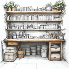 Fototapeta premium A cozy workspace with shelves of books, plants, and various art supplies.
