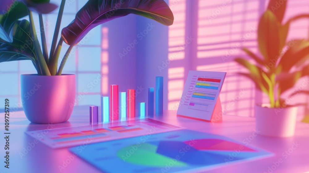 Poster colorful charts and graphs on a desk with plants and soft lighting.