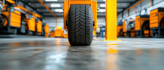 Fototapeta premium Equipment workshop background concept. A close-up view of a tire in a workshop, with a blurred background featuring orange machinery and equipment.