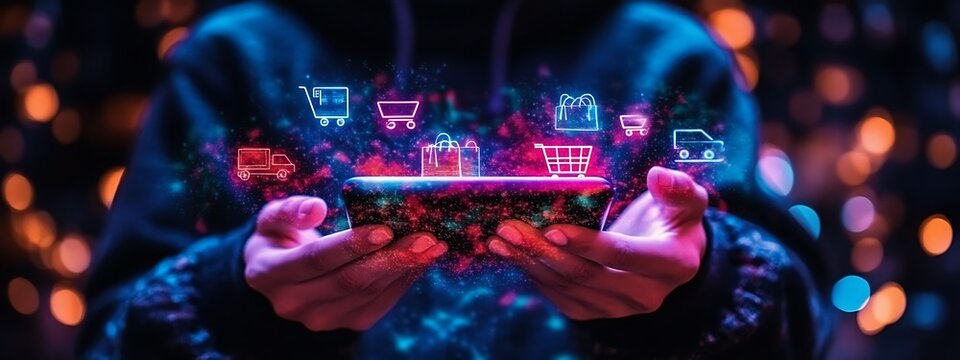  Smart retail technology and omnichannel concept. A person touching retail marketing icon on the virtual screen for channel E-commerce shopping. online retail shopping and omni-digital app design 