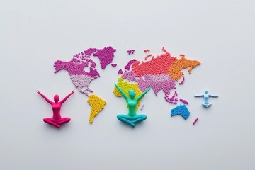 International Yoga Day: A map of the world outlined with yoga poses and mats, representing the universal embrace and practice of yoga across cultures. yoga poses, mats, world, map, global, practice