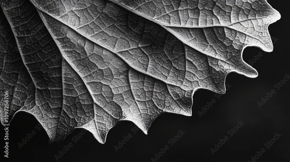 Poster Close-up monochrome macro shot showcasing the intricate vein network of a leaf against a dark backdrop