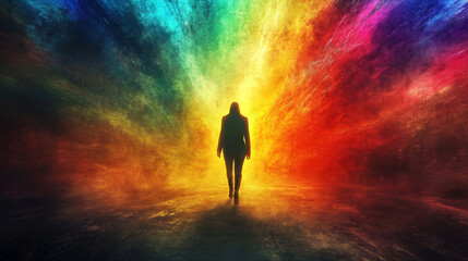 Obraz premium Businesswoman stepping into vibrant rainbow light with a grungy painting effect, symbolizing hope, potential, and fresh starts