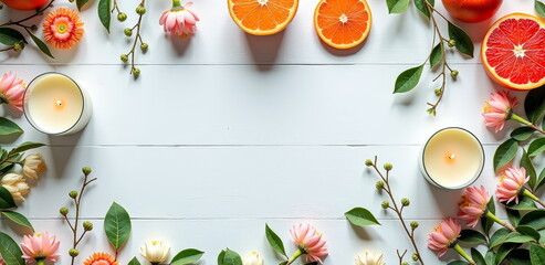 Citrus and floral frame on white wooden background