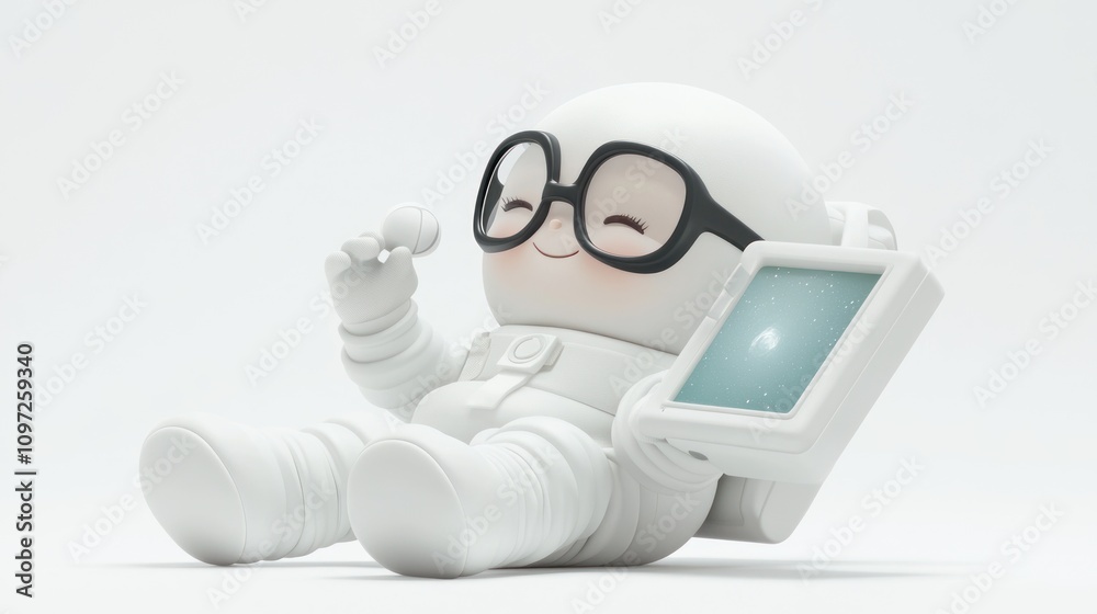 Poster a cute astronaut character relaxing with a tablet, embodying a playful and imaginative theme.