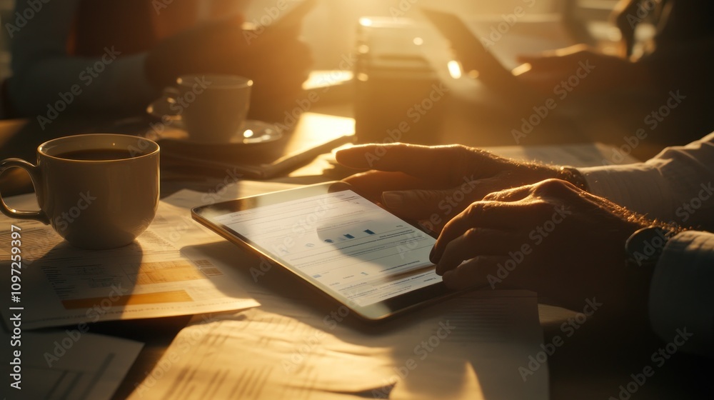 Poster a person using a tablet amidst coffee and paperwork in a sunlit workspace.