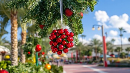Red Christmas Ornament Hanging From Green Tree Branch