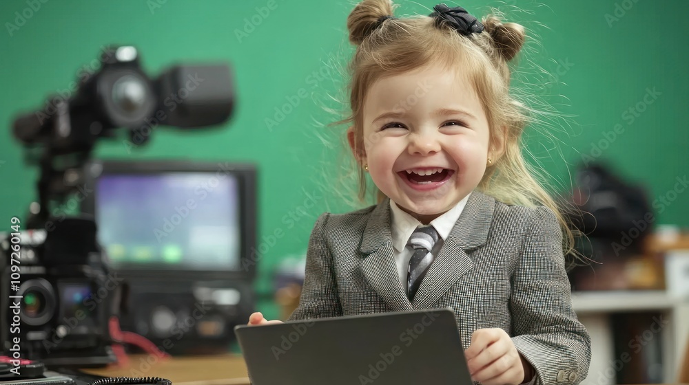 Aufkleber a joyful child in a suit laughing while using a tablet, with cameras in the background.