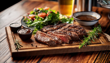 A juicy grilled steak is served on a wooden cutting board alongside fresh salad, sauces, and garnish with a beer in the background.