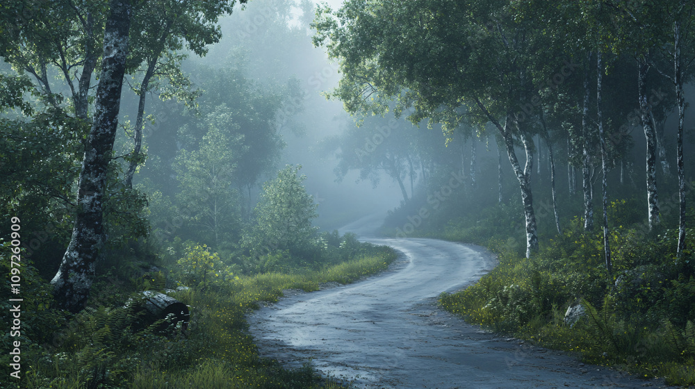 Poster serene and mysterious atmosphere created by a mist-covered dense forest with a winding paved road