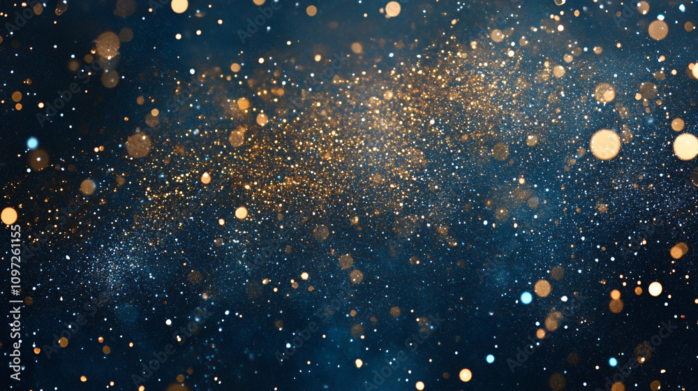 Poster Luxurious golden particles cascading over a deep blue backdrop, producing an exquisite bokeh effect for elegant and celebratory designs