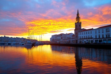 Fototapeta premium A dramatic sunset over Ponta Delgada harbor, with sailboats silhouetted against the golden horizon