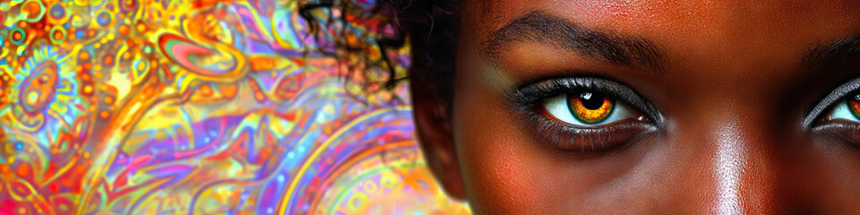 Fototapeta premium A close-up of an African American woman's face, set against a background of intricate abstract patterns that evoke the feeling of movement and evolution.